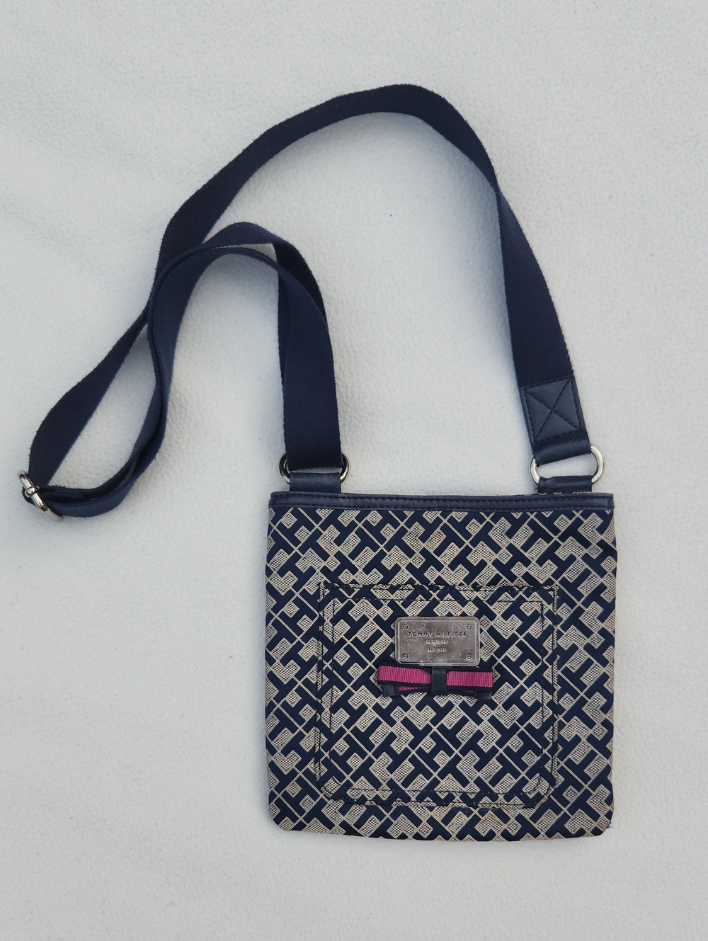 Tommy Hilfiger Blue Monogram TH Logo Mini Crossbody Bag Pink Bow Accent